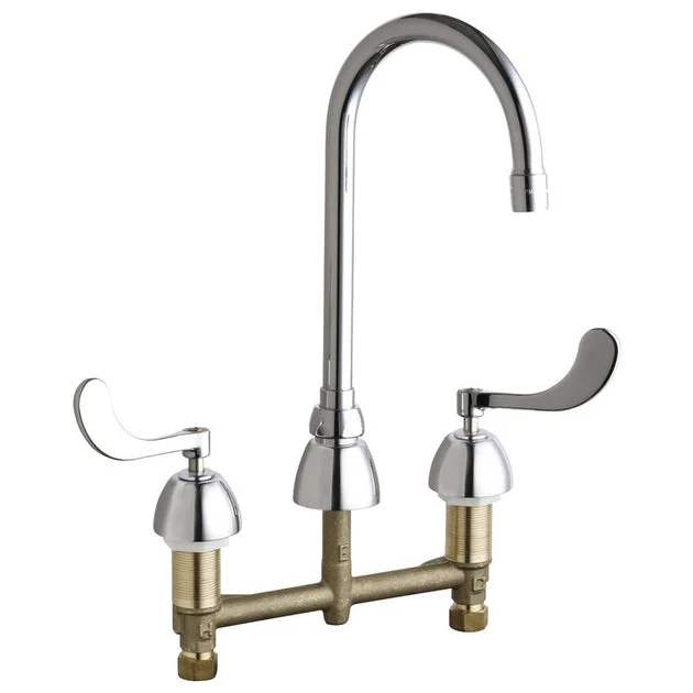 Lavatory Faucet 8 Inch Spread 2 Wrist Blade ADA Polished Chrome 2.2 Gallons per Minute Gooseneck 3 Hole