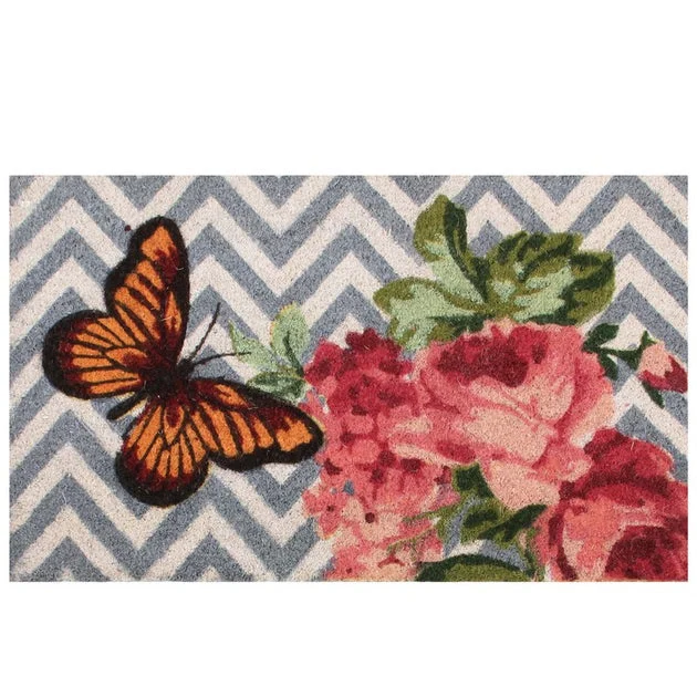 18" x 30" Rose with a Butterfly Chevron Spring Coir Doormat