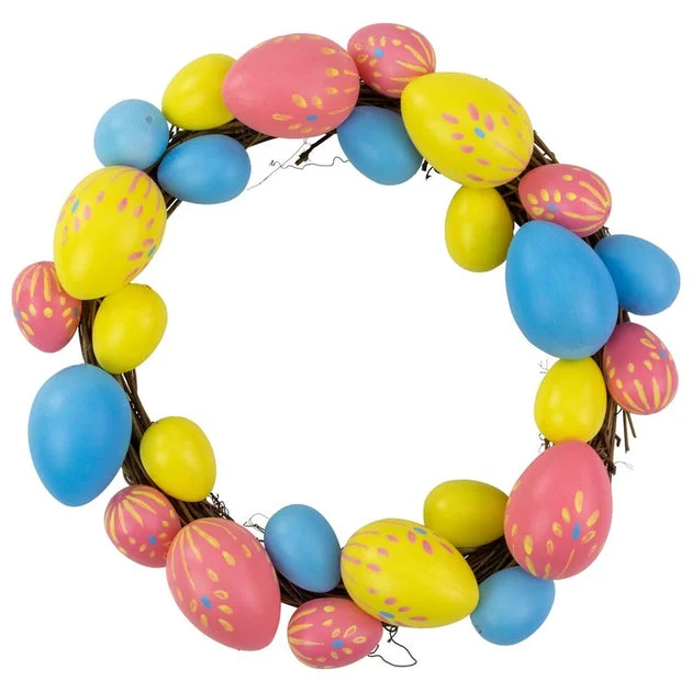 10" Floral Stem Easter Egg Spring Grapevine Wreat - Pink/Yellow/Blue
