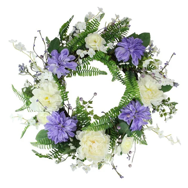 22" Artificial Purple Daisy and Peony Foliage Twig Floral Wreath