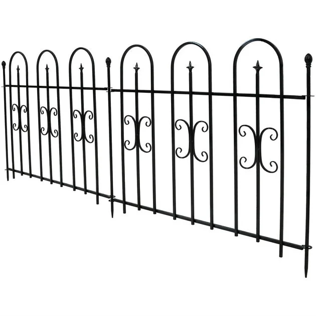 Outdoor Lawn and Garden Metal Finial Topped Decorative Border Fence Panel Set - 8' - Black - 2-Pack
