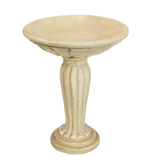 Grecian Column-Style Outdoor Fiberglass-Reinforced Concrete Bird Bath - White