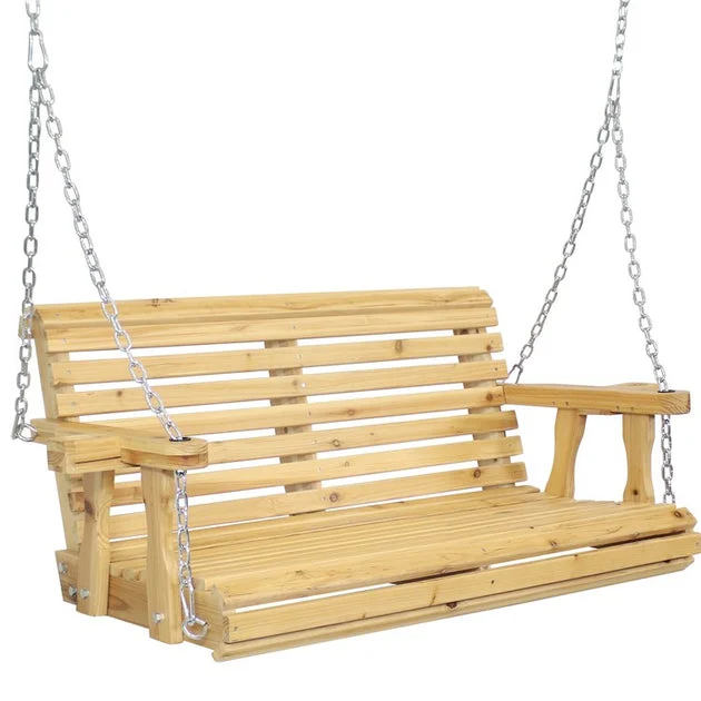 Two-Person Outdoor Wood Porch Swing with Hanging Chains - Brown