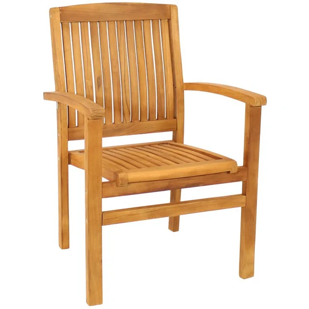 Solid Teak Wood Slat-Back Outdoor Dining Armchair - Light Brown