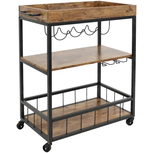 Three-Tier Rolling Indoor Bar Cart with Wine Bottle and Stemware Rack