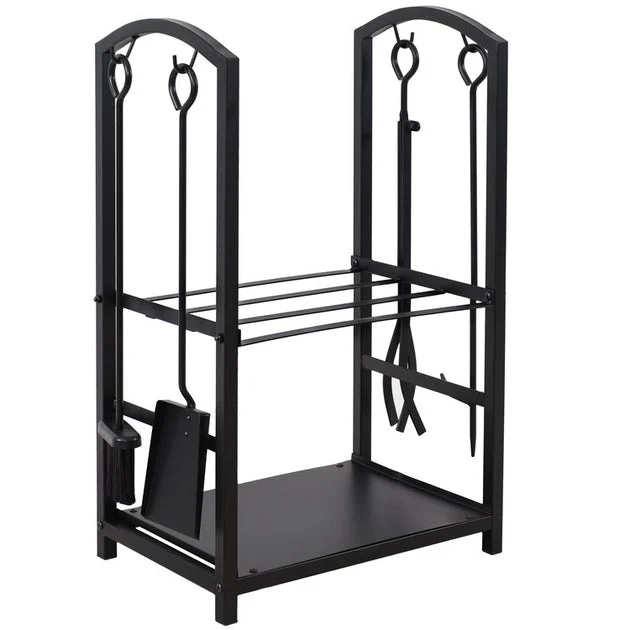 Five-Piece Indoor/Outdoor Steel Log Holder with Fireplace Tool Set - Black