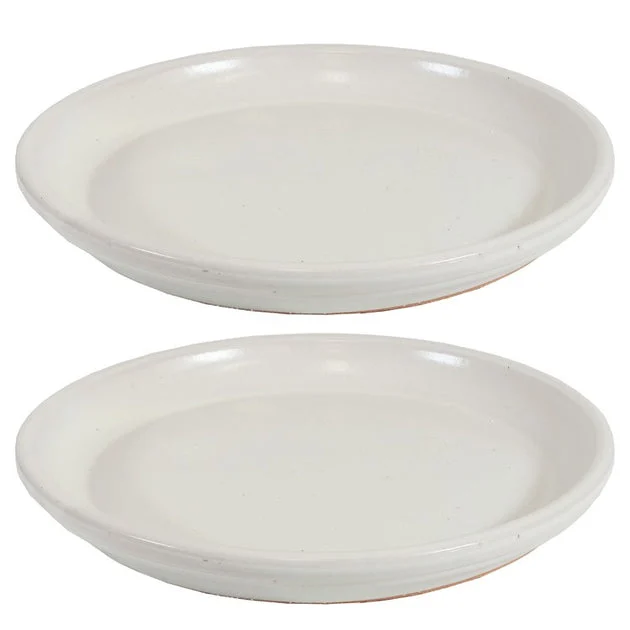 12" Outdoor/Indoor High-Fired Glazed Ceramic Flower Pot Saucers Set of 2 - Pearl