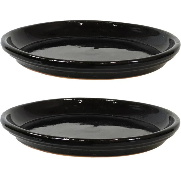 12" Outdoor/Indoor High-Fired Glazed Ceramic Flower Pot Saucers Set of 2 - Obsidian