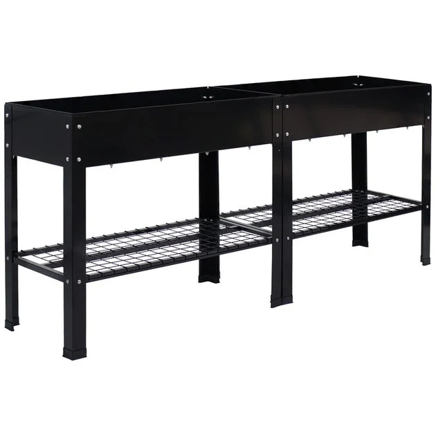 Hot Dip Galvanized Steel Raised Garden Beds with Mesh Shelf Set of 2 - Black