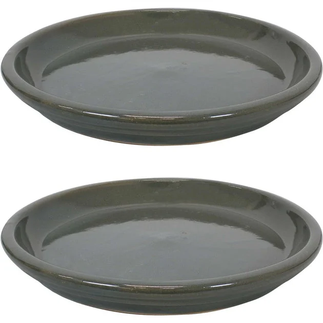 12" Outdoor/Indoor High-Fired Glazed Ceramic Flower Pot Saucers Set of 2 - Gray