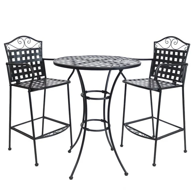 Scrolling Wrought Iron Outdoor Bar Chair and Table Set - Black
