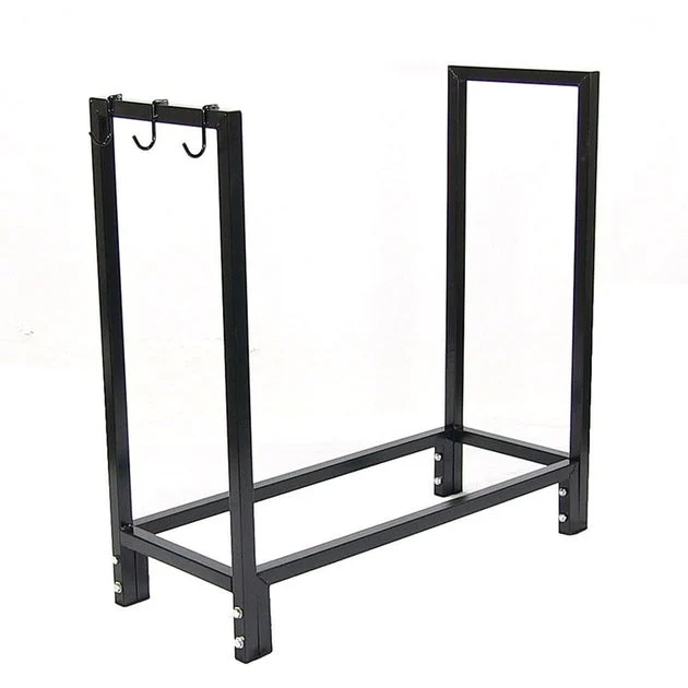 30" Indoor/Outdoor Steel Firewood Log Rack Holder with Hooks - Black