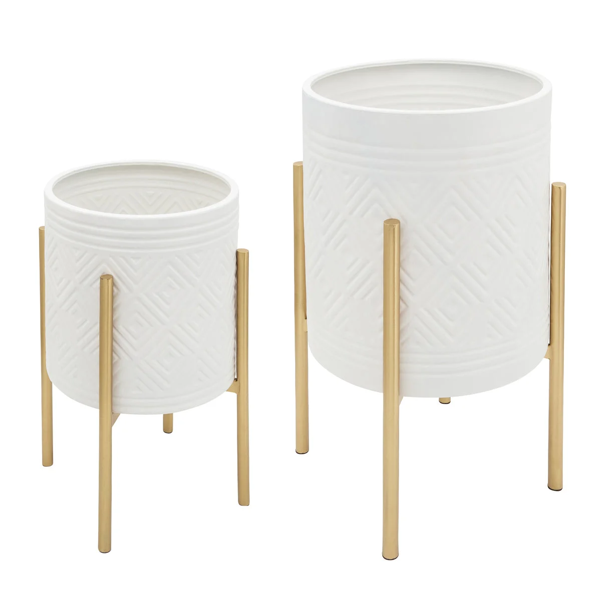 Sagebrook Home 12629-12 Set of 2 Aztec Planter On Metal Stand, White/Gold