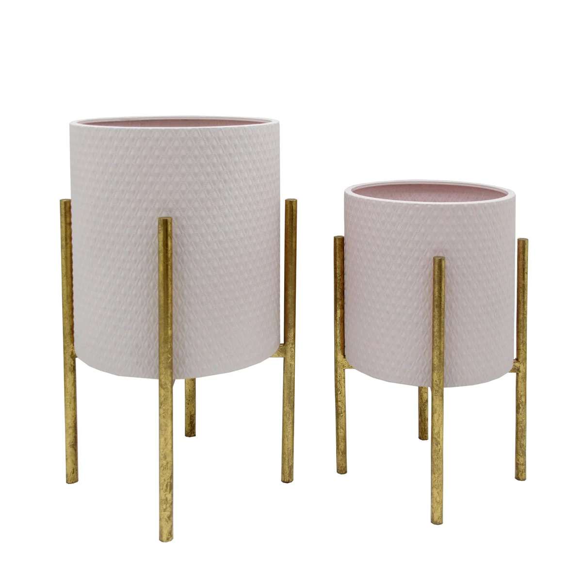 Sagebrook Home Set of 2 Textured Planter On Metal Stand, Pink/Gold