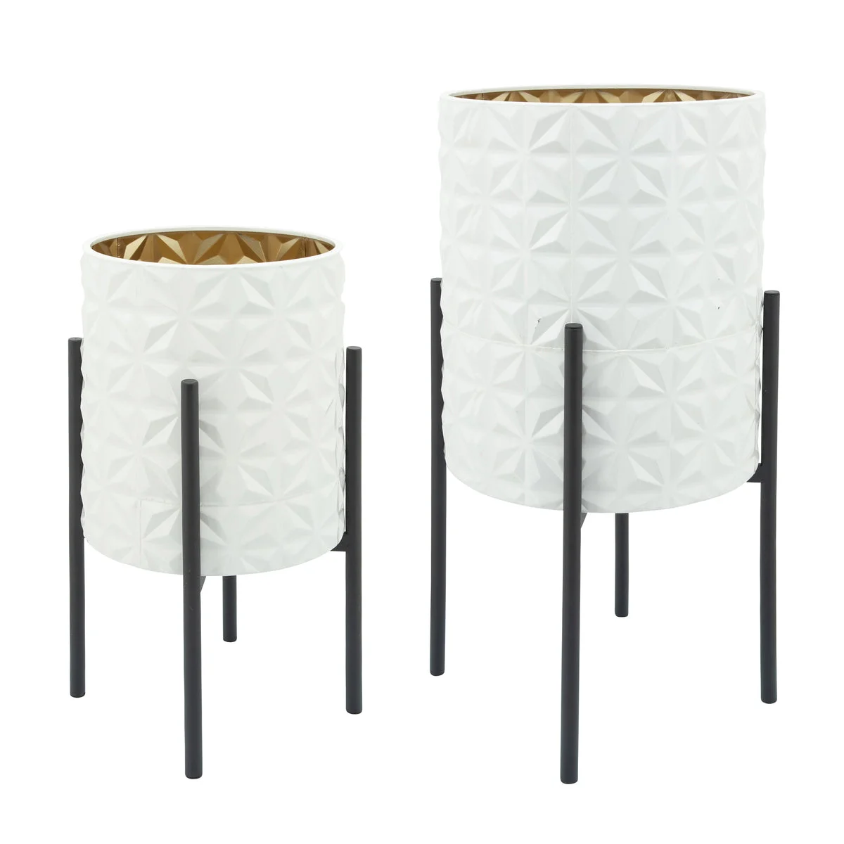 Sagebrook Home Set of 2 Aztec Planter On Metal Stand, Wht/Gld/Blk