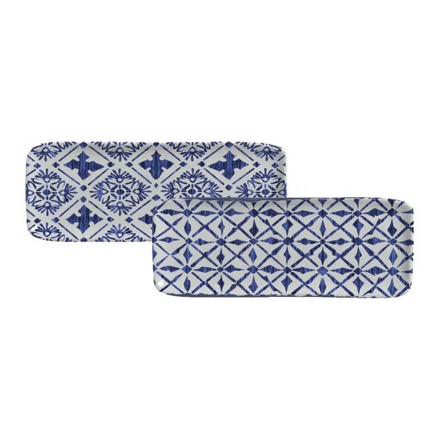 Platter Set Maya 2 Design Rectangular 4 Piece Ivory/Dark Blue Stoneware