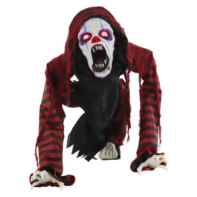 Seasonal Decor Squatting Clown Dog with Movement Sounds and Light-Up Eyes Halloween Multicolored Plastic 1 Piece