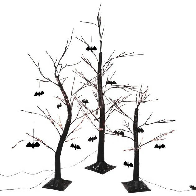 Seasonal Decor Set of 3 Trees with Bats and Orange LED Lights Halloween Orange/Purple Plastic 3 Piece