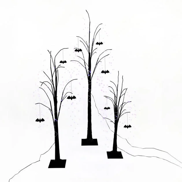 Seasonal Decor Set of 3 Trees with Bats and Purple LED Lights Halloween Black/Purple Plastic 3 Piece