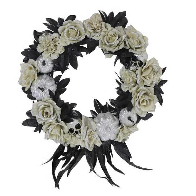 Artificial Wreath Floral with Glitter Pumpkins and Skulls 15 Inch Multicolored Plastic Halloween