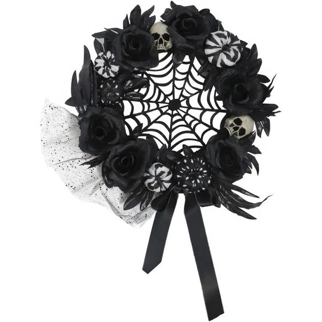 Artificial Wreath Floral with Pumpkins Skulls and Spiderweb 15 Inch Multicolored Plastic Halloween