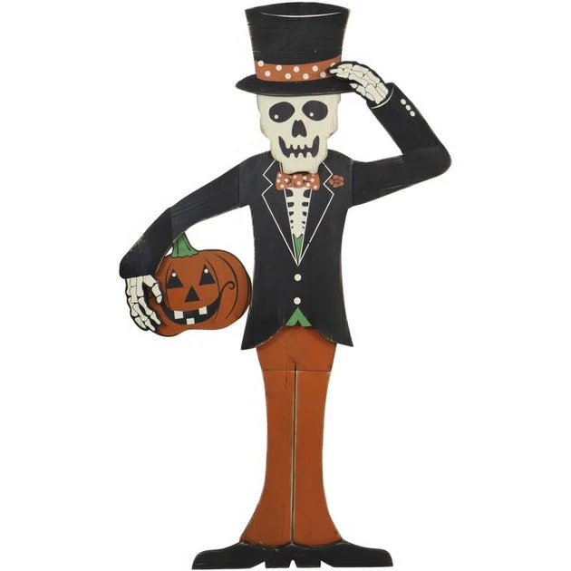 Seasonal Decor Skeleton Holding a Carved Pumpkin Wood Yard Stake Halloween 46 Inch Black Plastic 1 Piece