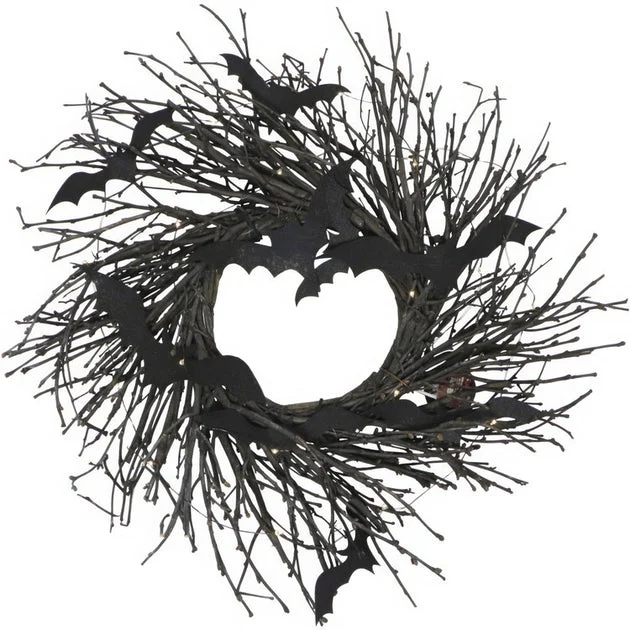 Artificial Wreath Twig Battery Operated with LED Lights and Flying Bats 15 Inch Brown Plastic Halloween