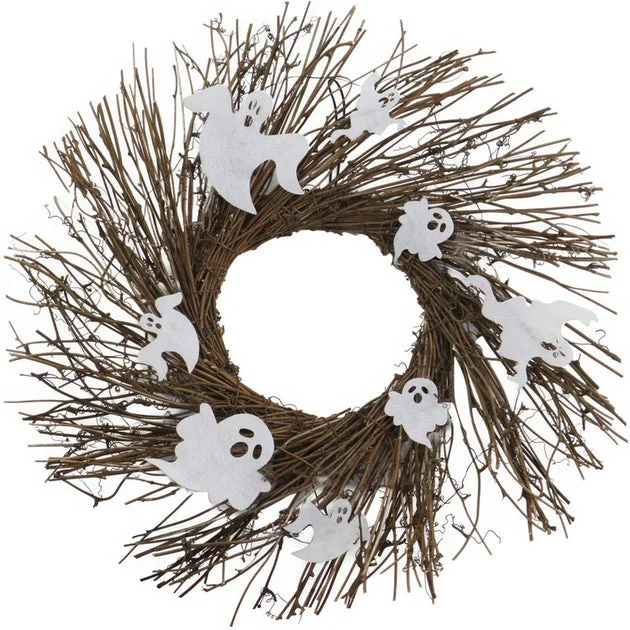 Artificial Wreath Battery Operated Twig with LED Lights and Spooky Ghosts 20 Inch Brown Plastic Halloween