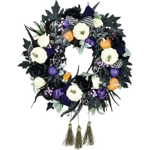 Artificial Wreath Pumpkins Brooms and Leaves 24 Inch Black/Multicolored Plastic Halloween