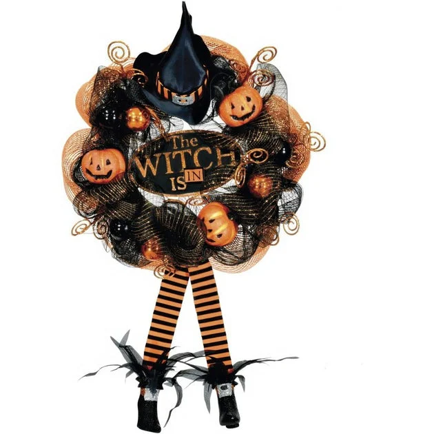 Artificial Wreath Witch Hat and Legs Pumpkins and Ornaments 24 Inch Black/Orange Plastic Halloween