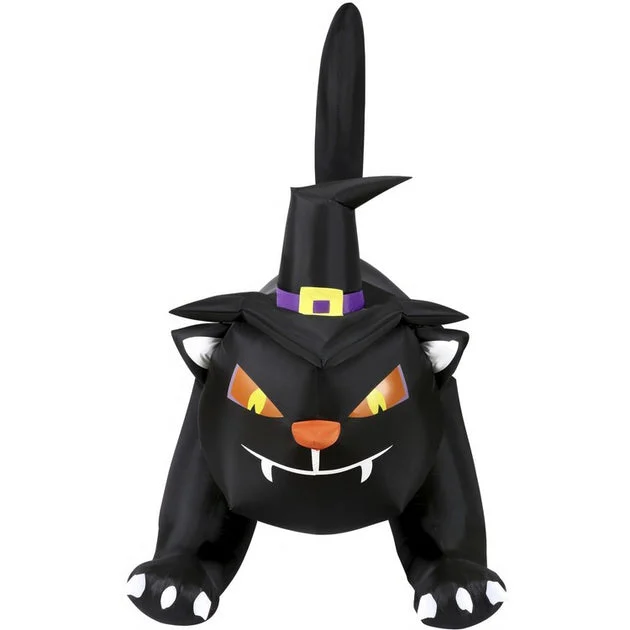 Seasonal Decor Wide Pre-Lit Inflatable Black Cat with Witch Hat Halloween 6 Feet Black Polyester 1 Piece