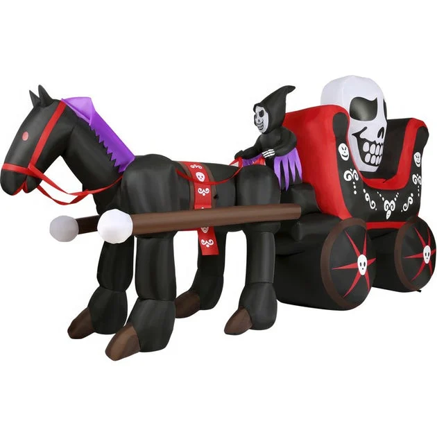 Seasonal Decor Tall Pre-Lit Inflatable Skull Carriage Halloween 6 Feet Black Polyester 1 Piece