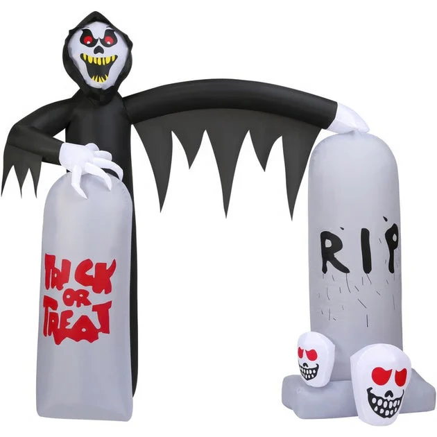 Seasonal Decor Pre-Lit Inflatable Grim Reaper with Tombstone Arch Halloween 8 Feet Black Polyester 1 Piece