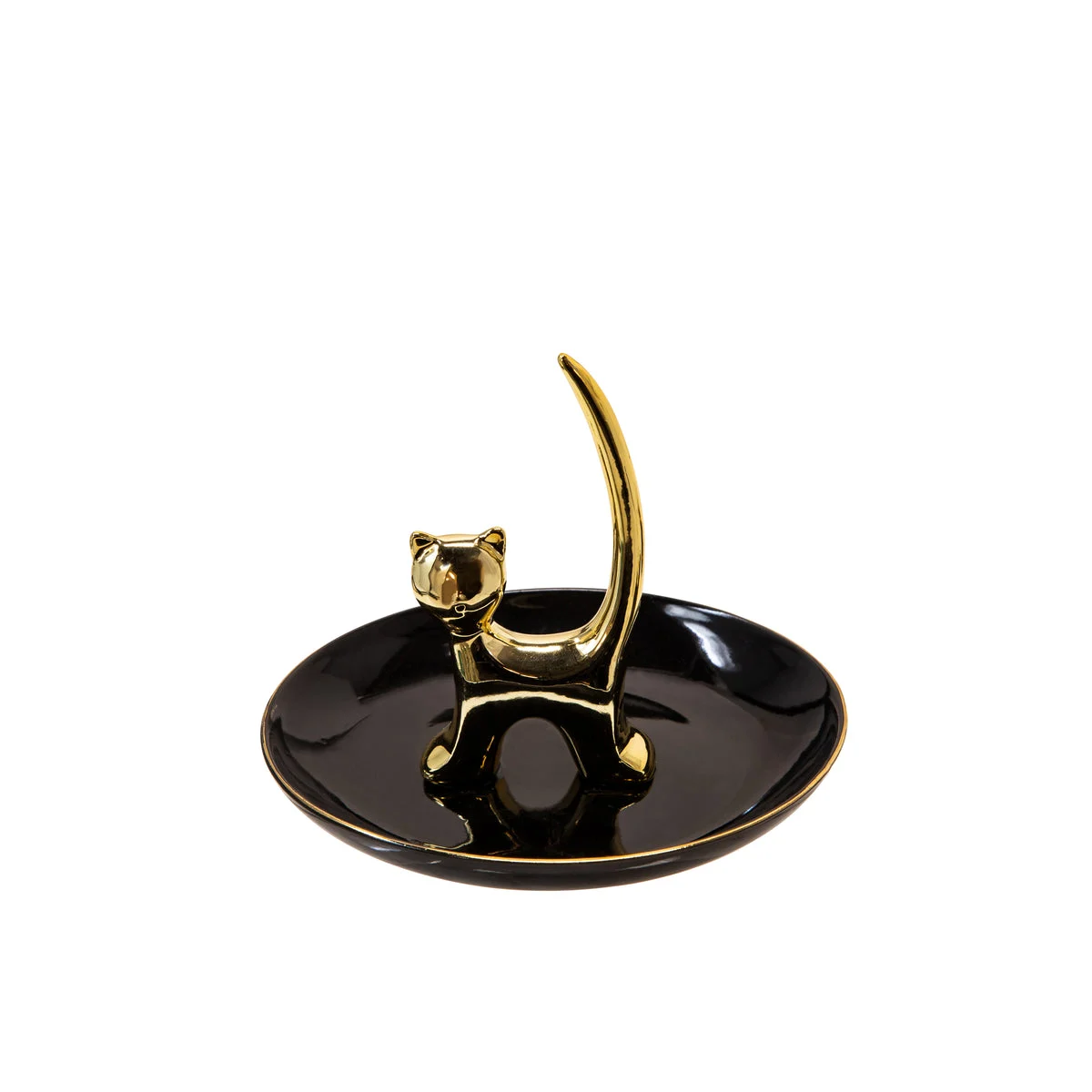 Sagebrook Home Ceramic 6`` Cat Trinket Tray, Black/Gold
