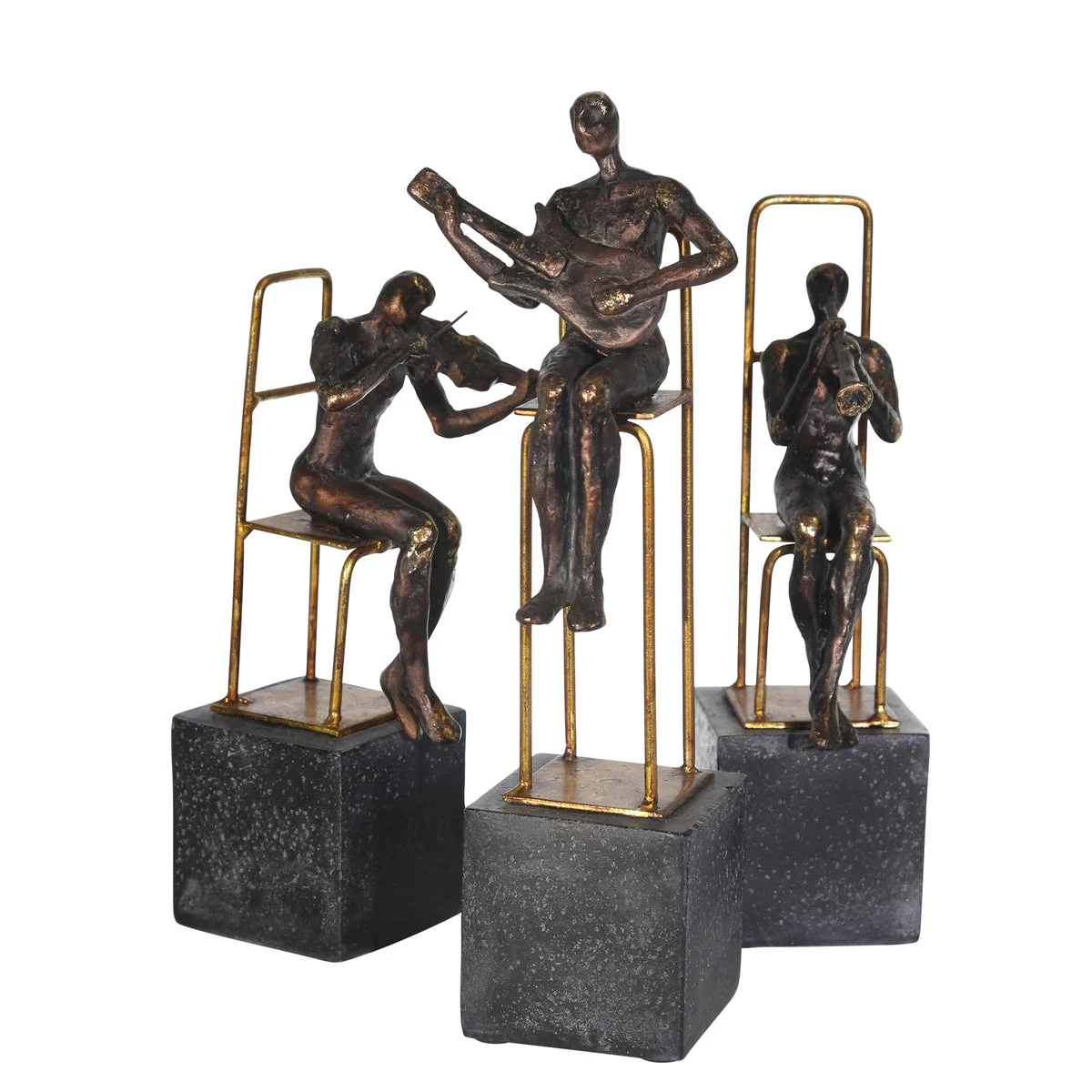 Sagebrook Home Set of 3 Polyresin Musicians On Base, Black/Gold