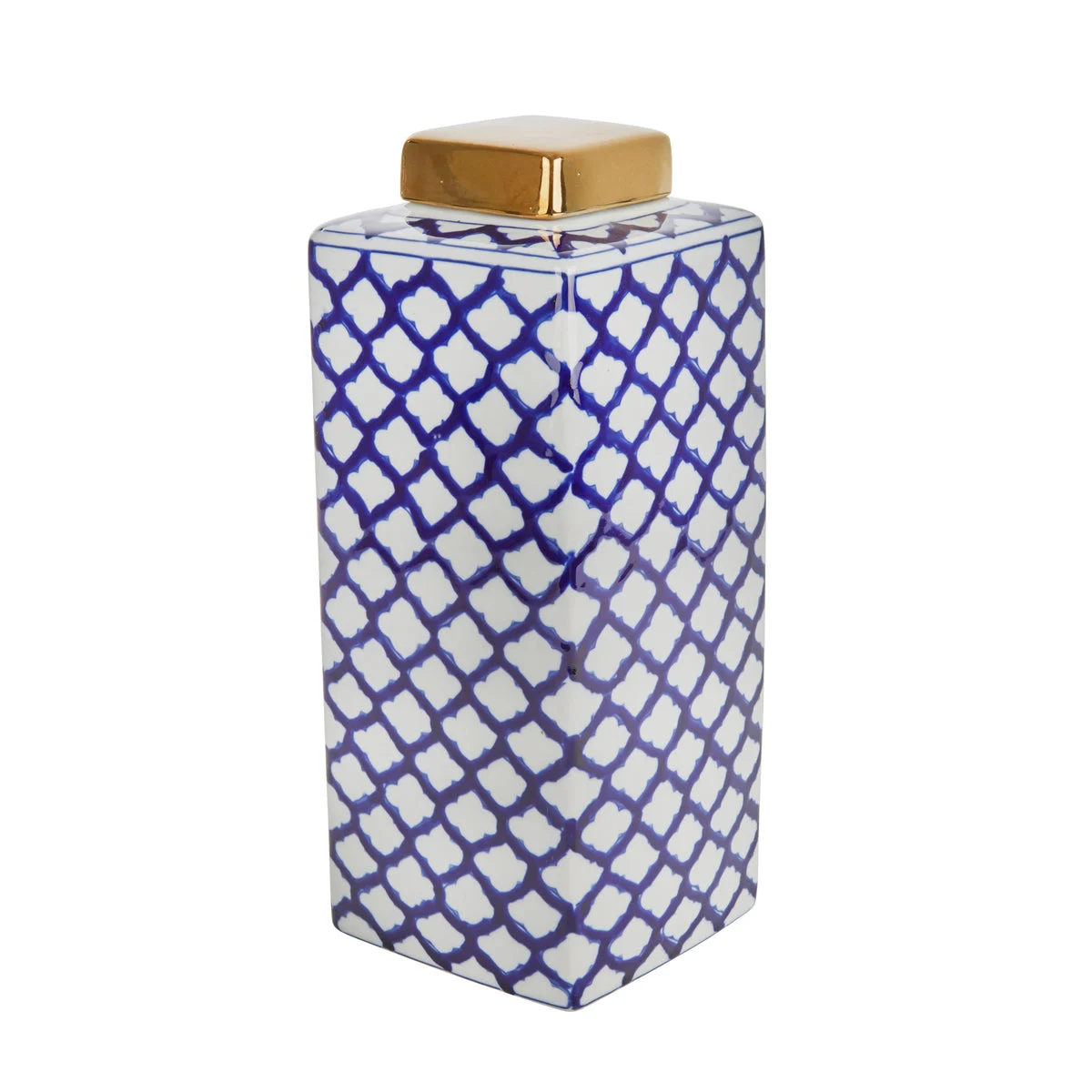 Sagebrook Home Square White/Blue Jar W/ Gold Lid, 16``