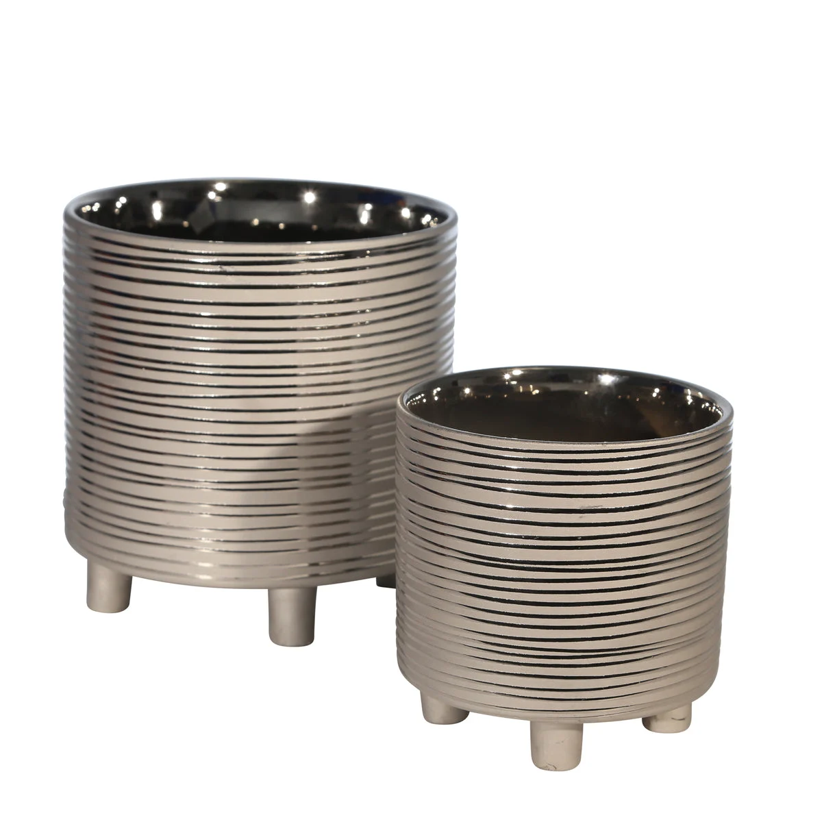 Sagebrook Home 13870-31 9"/6" Footed Planters, Stripes, Silver, Set of 2