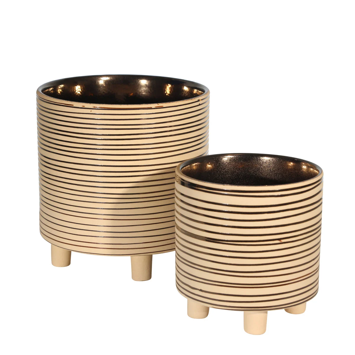 Sagebrook Home 13870-32 9"/6" Footed Planters, Stripes, Gold, Set of 2