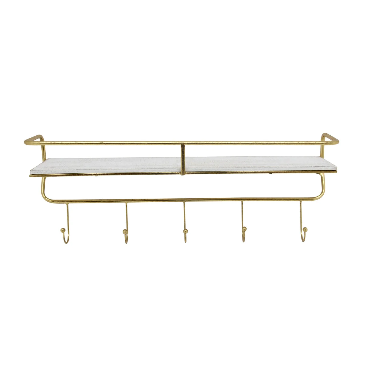Sagebrook Home 13880-03 24" Metal/Wood, 5 Hook Wall Shelf, White/Gold