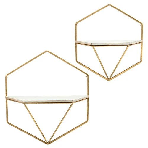 Sagebrook Home 13882-02 16" Metal/Wood Hexagon Wall Shelves, Gold/White, Set of 2