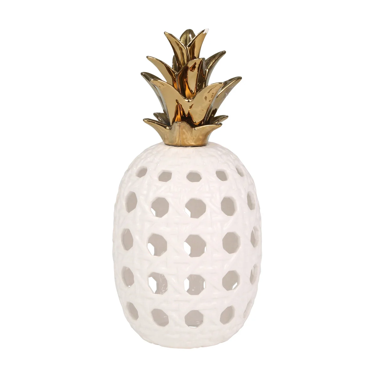 Sagebrook Home Ceramic 16" Lattice Weave Pineapple, White / Gold
