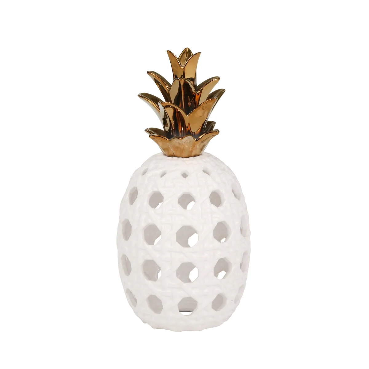 Sagebrook Home 14458-02 13" Ceramic Lattice Weave Pineapple, White / Gold