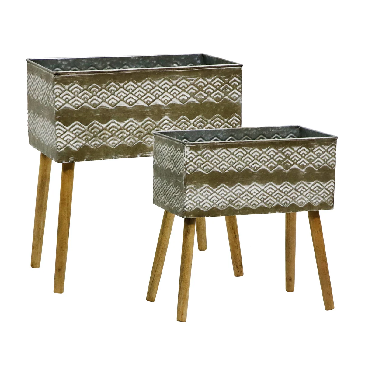 Sagebrook Home Set of 2 Metal Aztec Planter On Stand 16/18``, Brown Kd