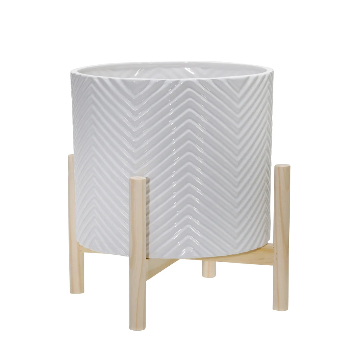 Sagebrook Home 15065-01 12" Ceramic Chevron Planter with Wood Stand, White