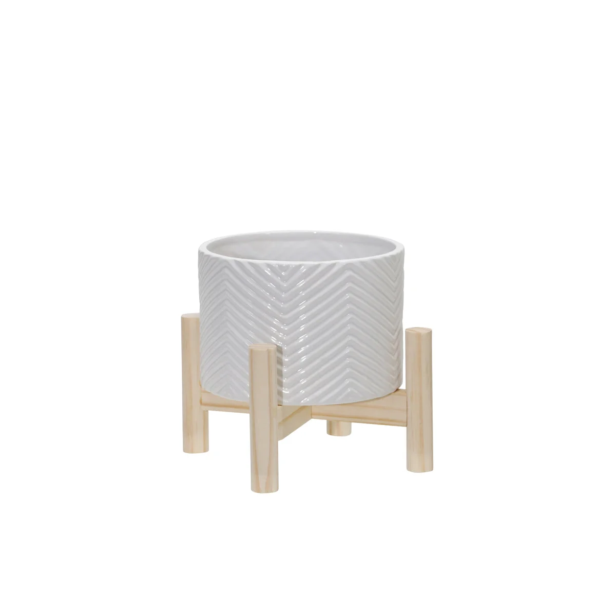 Sagebrook Home 6" Ceramic Chevron Planter W/ Wood Stand, White