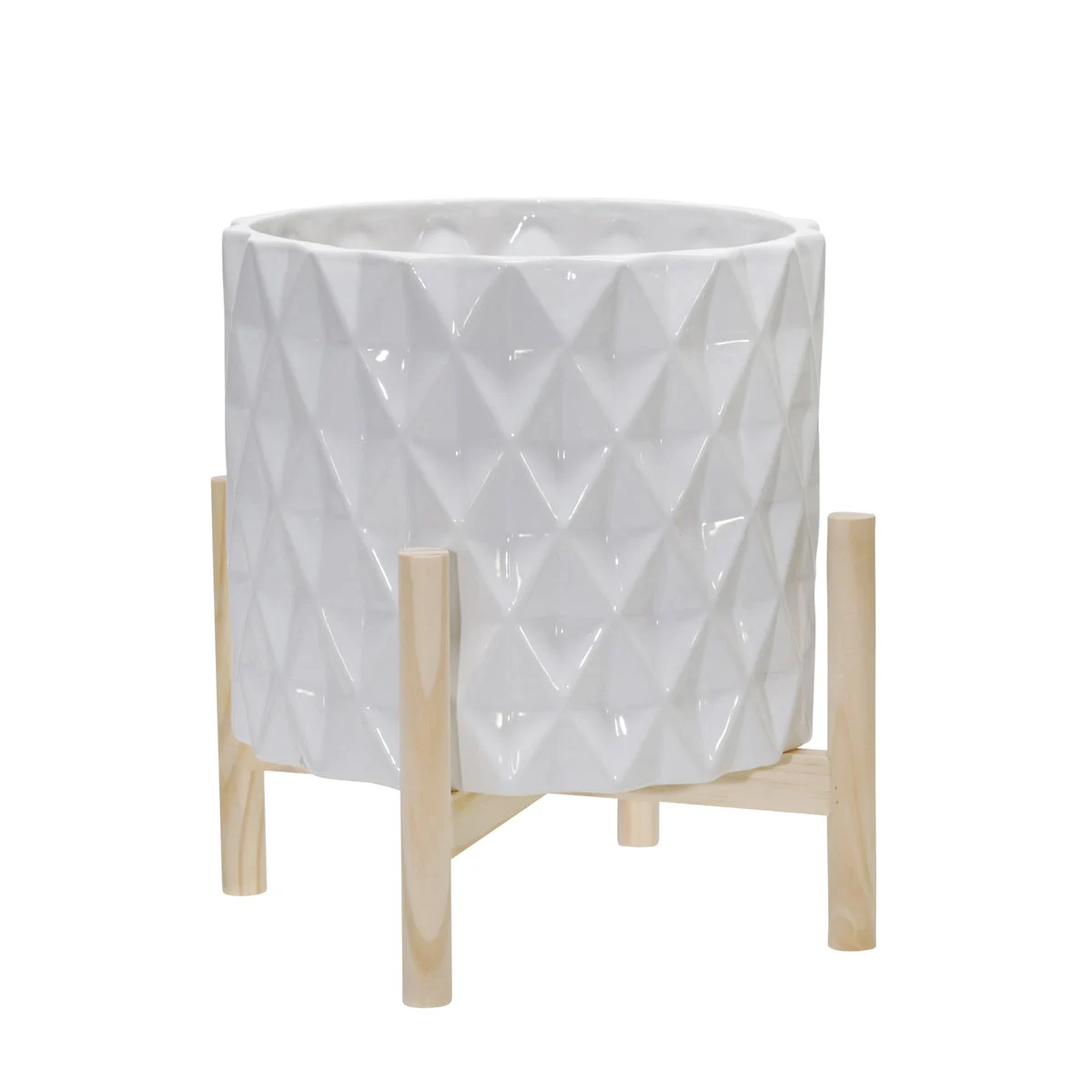 Sagebrook Home 15066-01 12" Ceramic Diamond Planter with Wood Stand, White