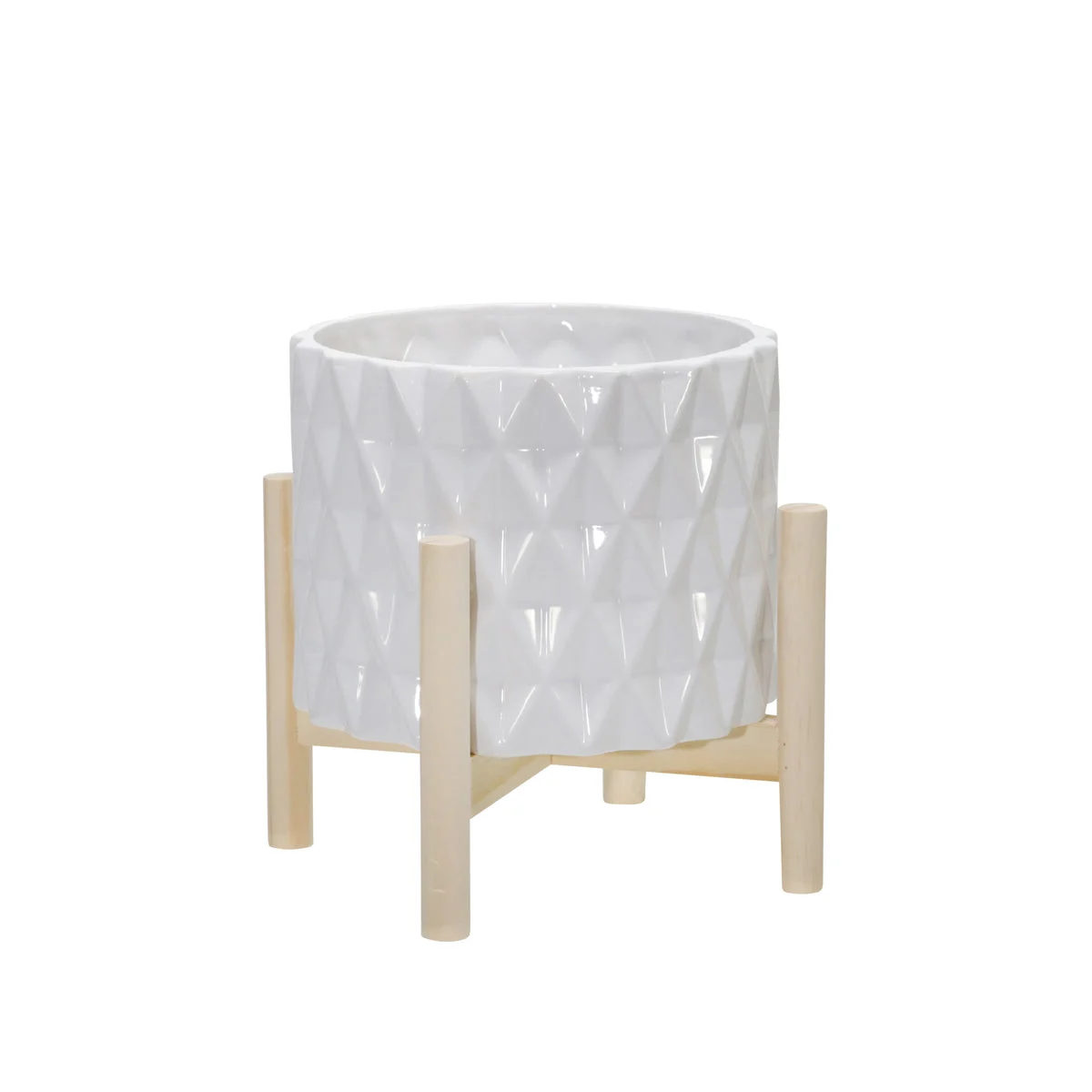 Sagebrook Home 15066-02 8" Ceramic Diamond Planter with Wood Stand, White