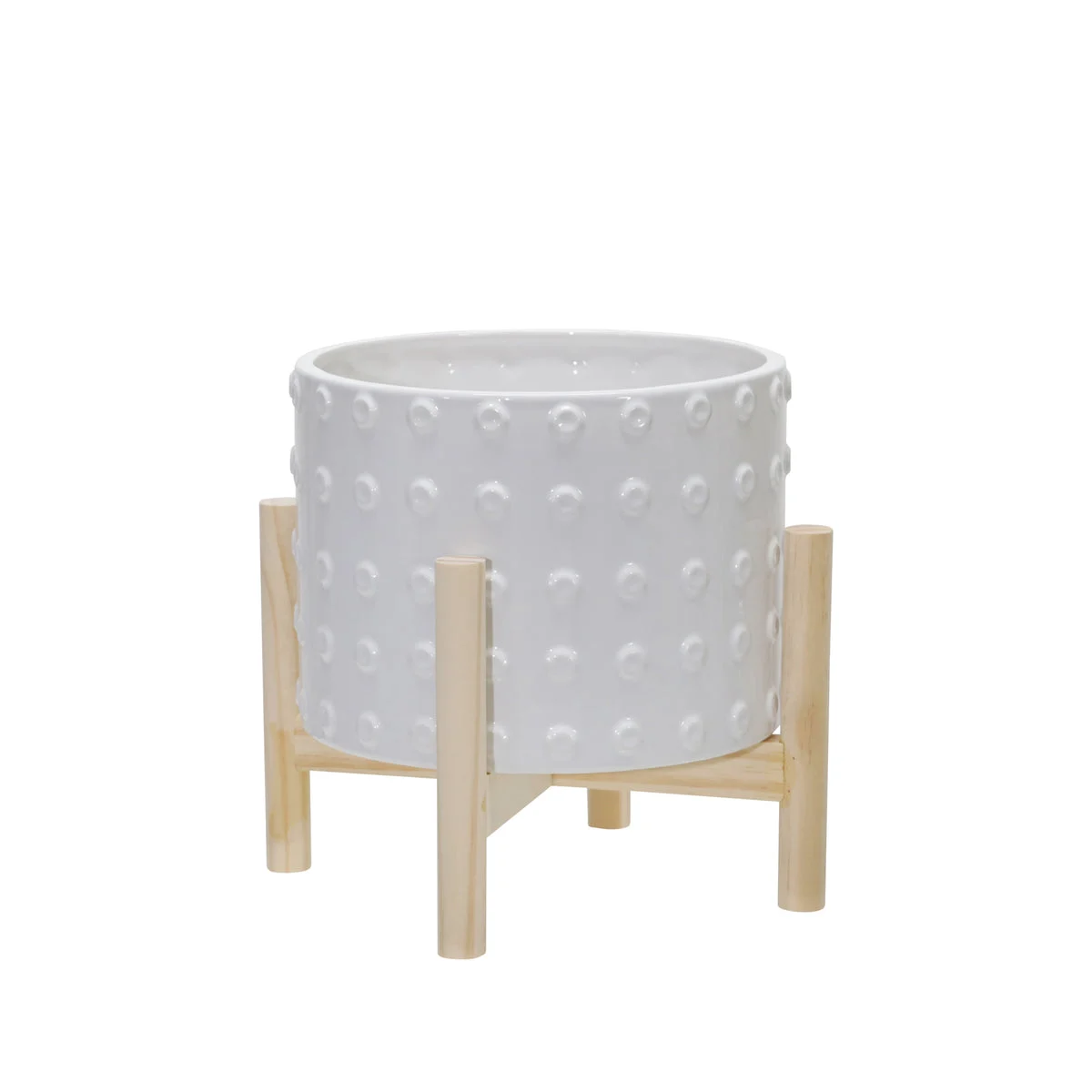 Sagebrook Home 15067-02 8" Ceramic Dotted Planter with Wood Stand, White