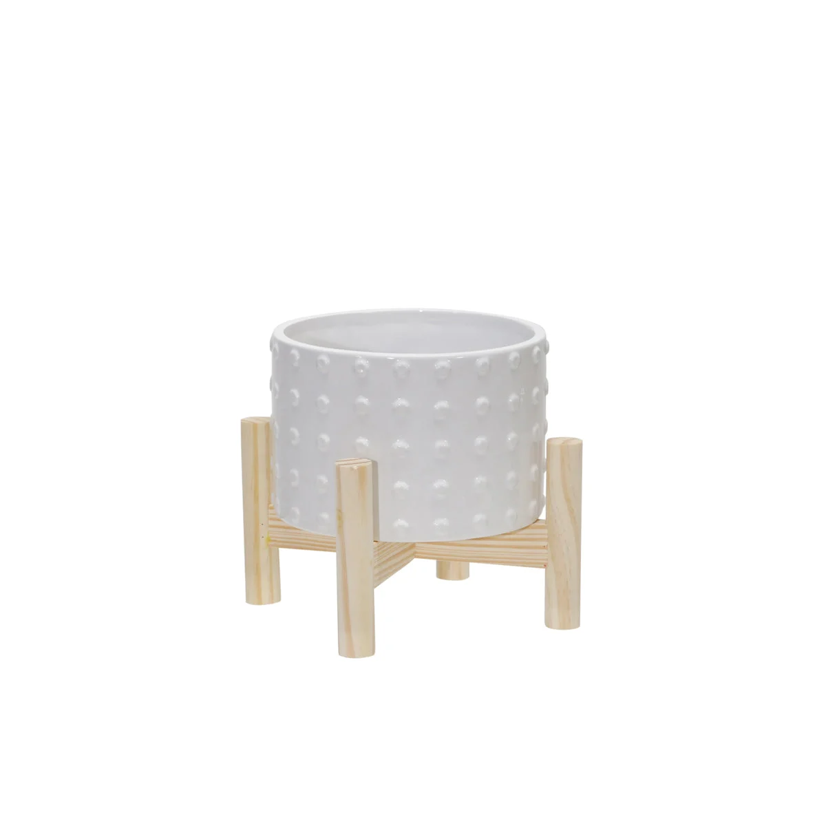Sagebrook Home 15067-03 6" Ceramic Dotted Planter with Wood Stand, White
