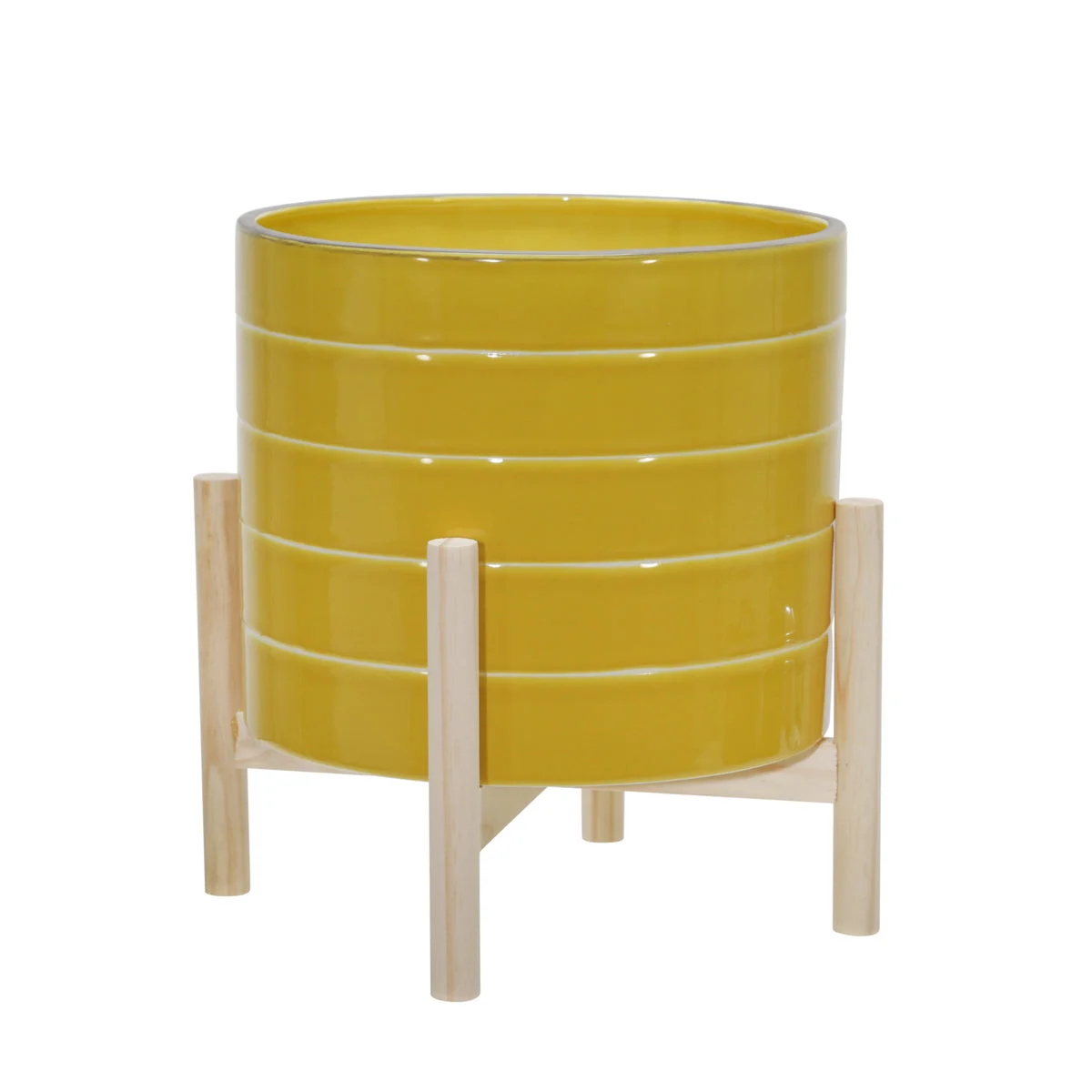 Sagebrook Home 12" Ceramic Striped Planter W/ Wood Stand, Yellow